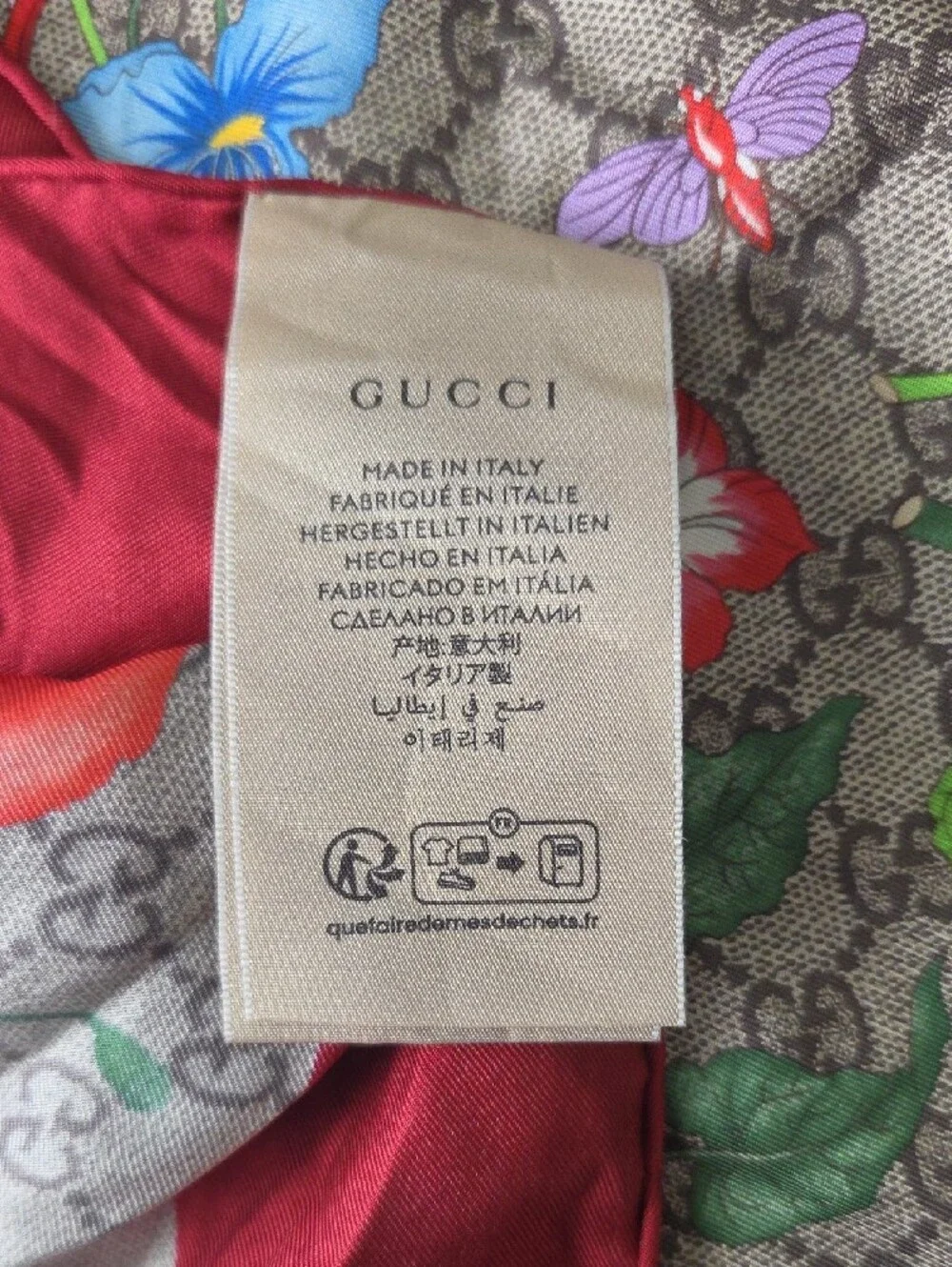 Gucci Brown Monogram Floral Silk Scarf with Red Accent